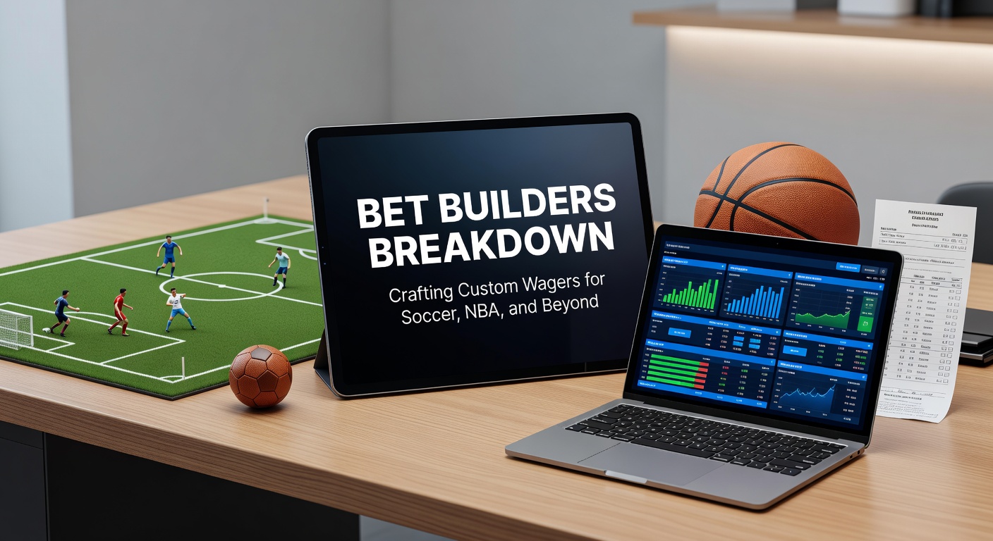 Digital interface displaying a bet builder for a Premier League soccer match, with options for goals, corners, cards, and player shots layered together