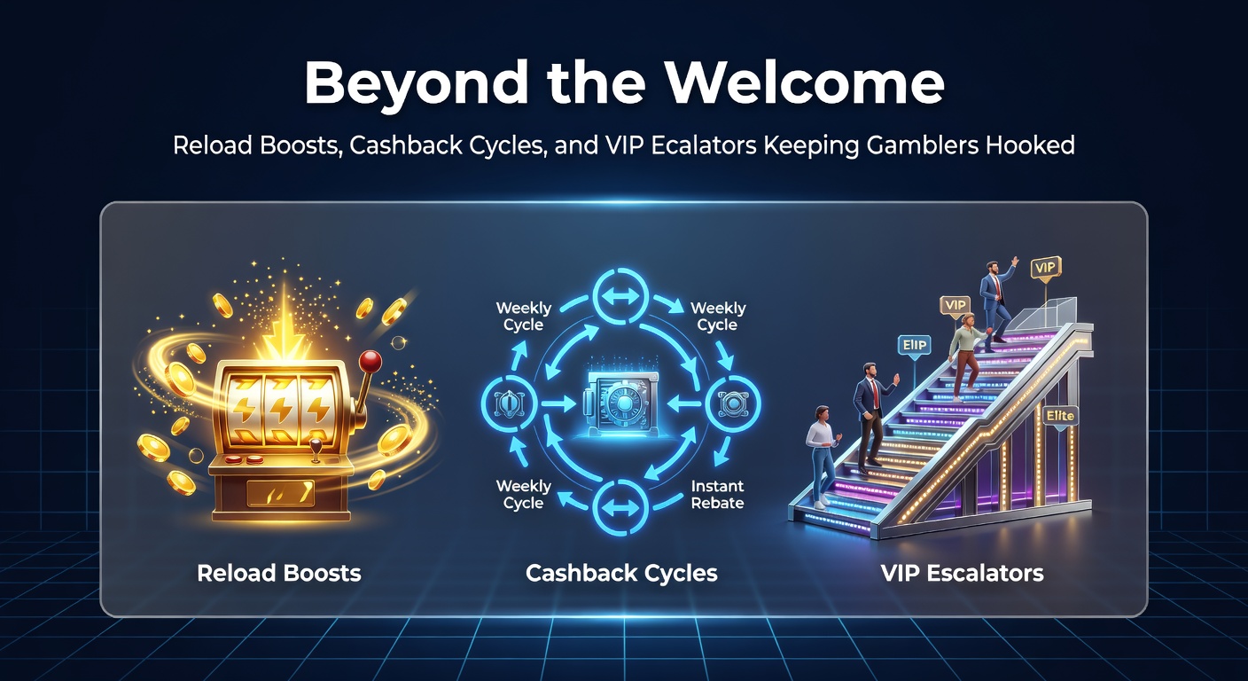 Vibrant graphic showing cascading bonus coins, cashback arrows looping back into a slot machine, and a multi-tier VIP ladder climbing toward exclusive rewards