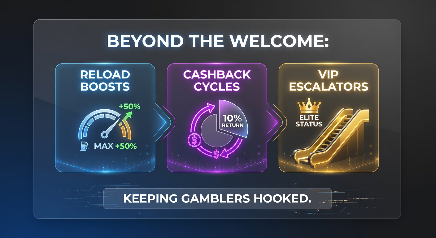 Dynamic infographic depicting a cashback cycle wheel spinning losses back as credits, with percentage tiers rising alongside player loyalty levels