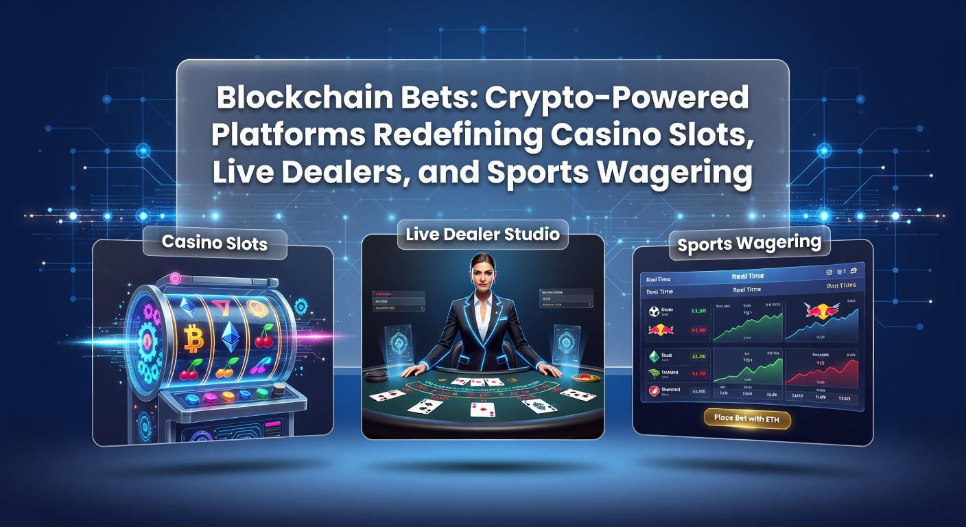 Vibrant digital illustration of blockchain networks intersecting with casino slots, live dealer tables, and sports betting interfaces, symbolizing crypto integration in gambling