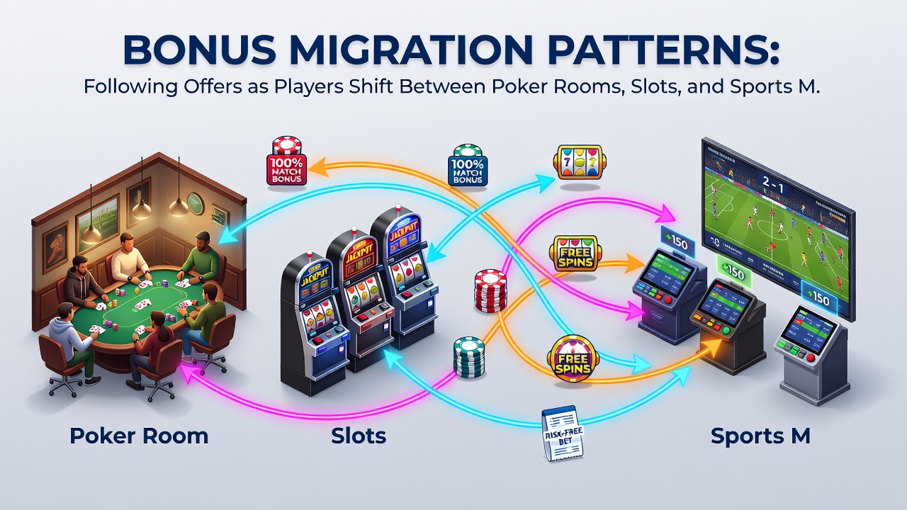 Slot reels spinning alongside open sportsbook and poker table interfaces showing active bonuses