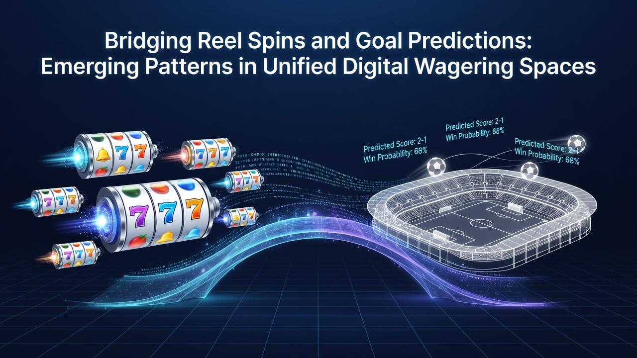 Hybrid digital wagering interface showing interconnected slot reels and live sports prediction dashboards