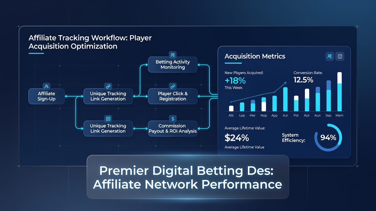 Analytics interface displaying real-time affiliate performance graphs and player acquisition trends on a betting site