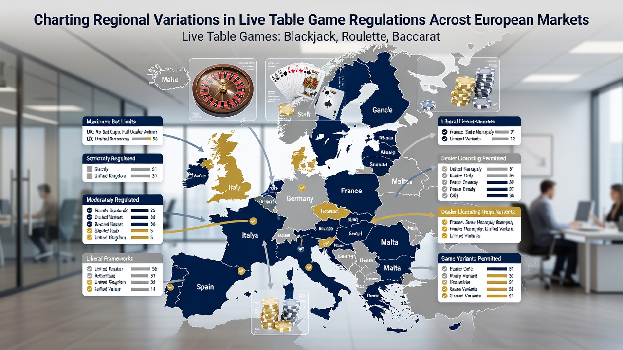 Live dealer studio setup illustrating compliance variations in European table game operations
