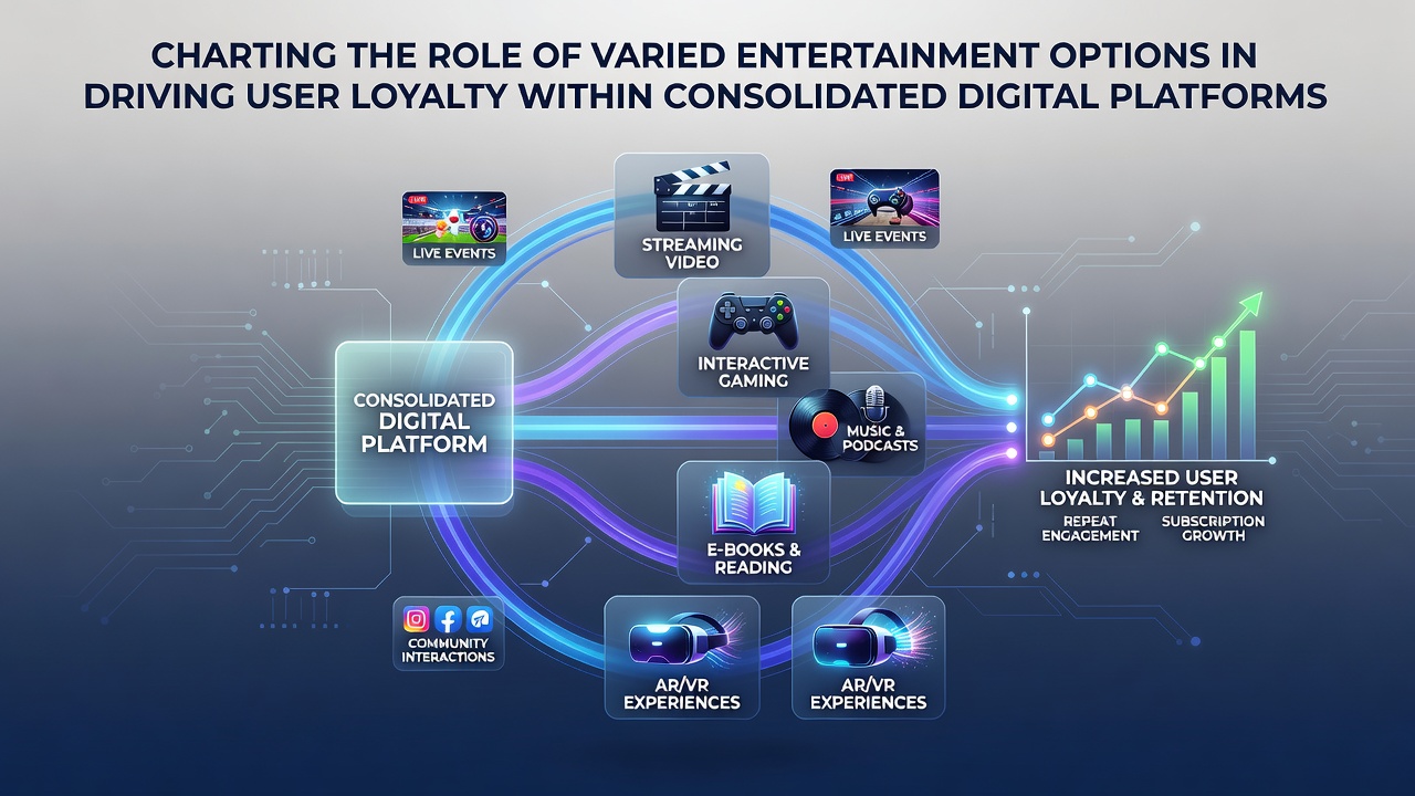 Consolidated digital platform dashboard displaying integrated video streaming, music libraries, and interactive content sections