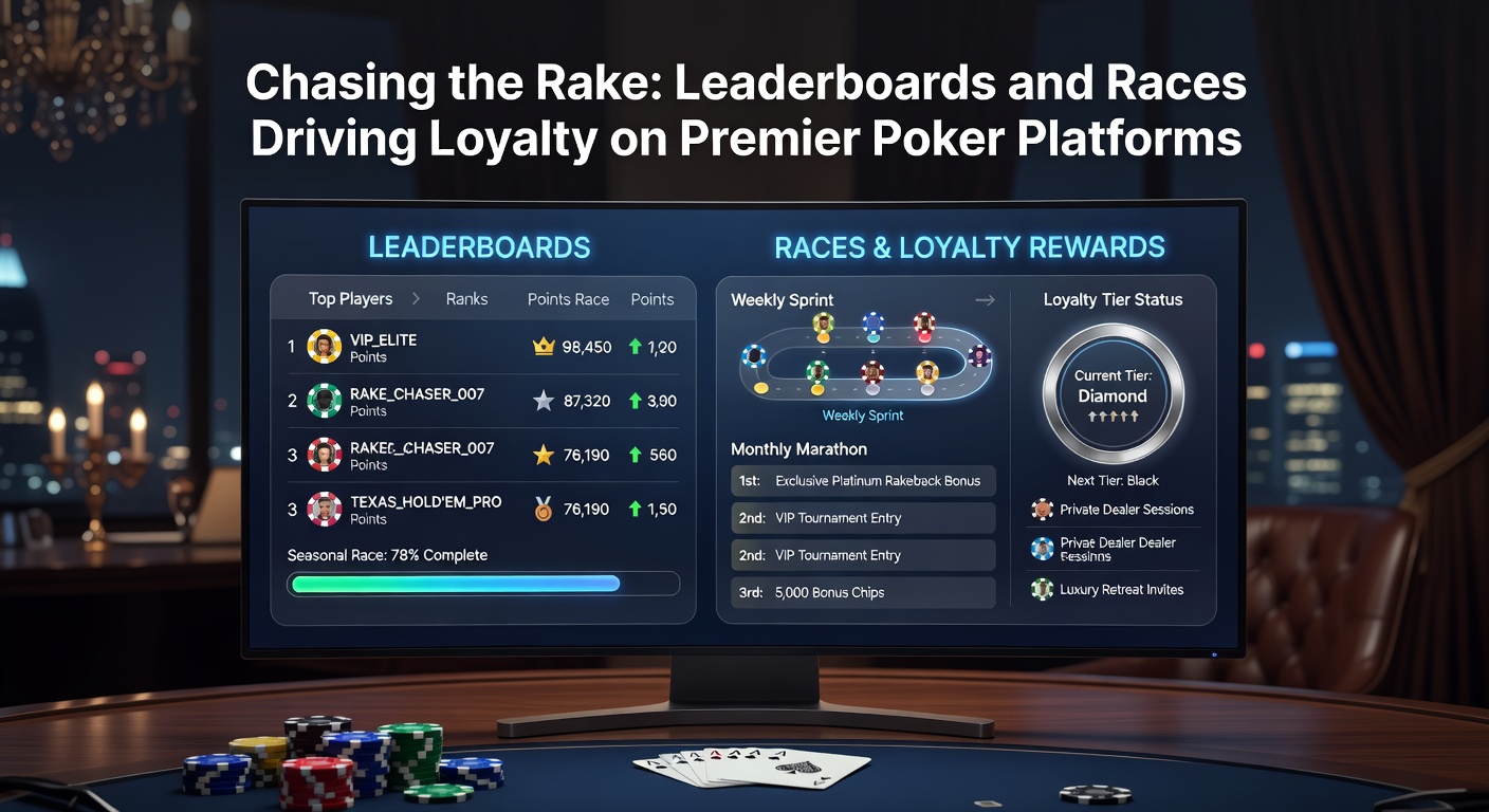 Intense rake race interface on a top poker site, highlighting player rankings, multipliers, and swelling prize pools during a heated competition
