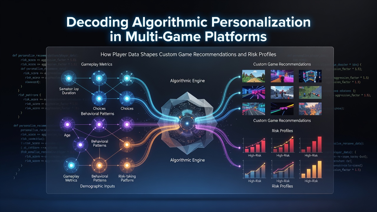 Visual representation of algorithmic data flows connecting player profiles to customized game interfaces across integrated platforms