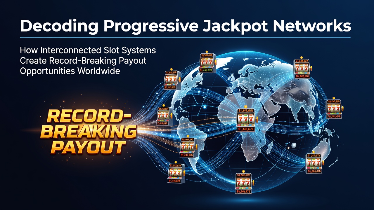 Networked slot machines displaying synchronized progressive jackpot counters across multiple casino floors