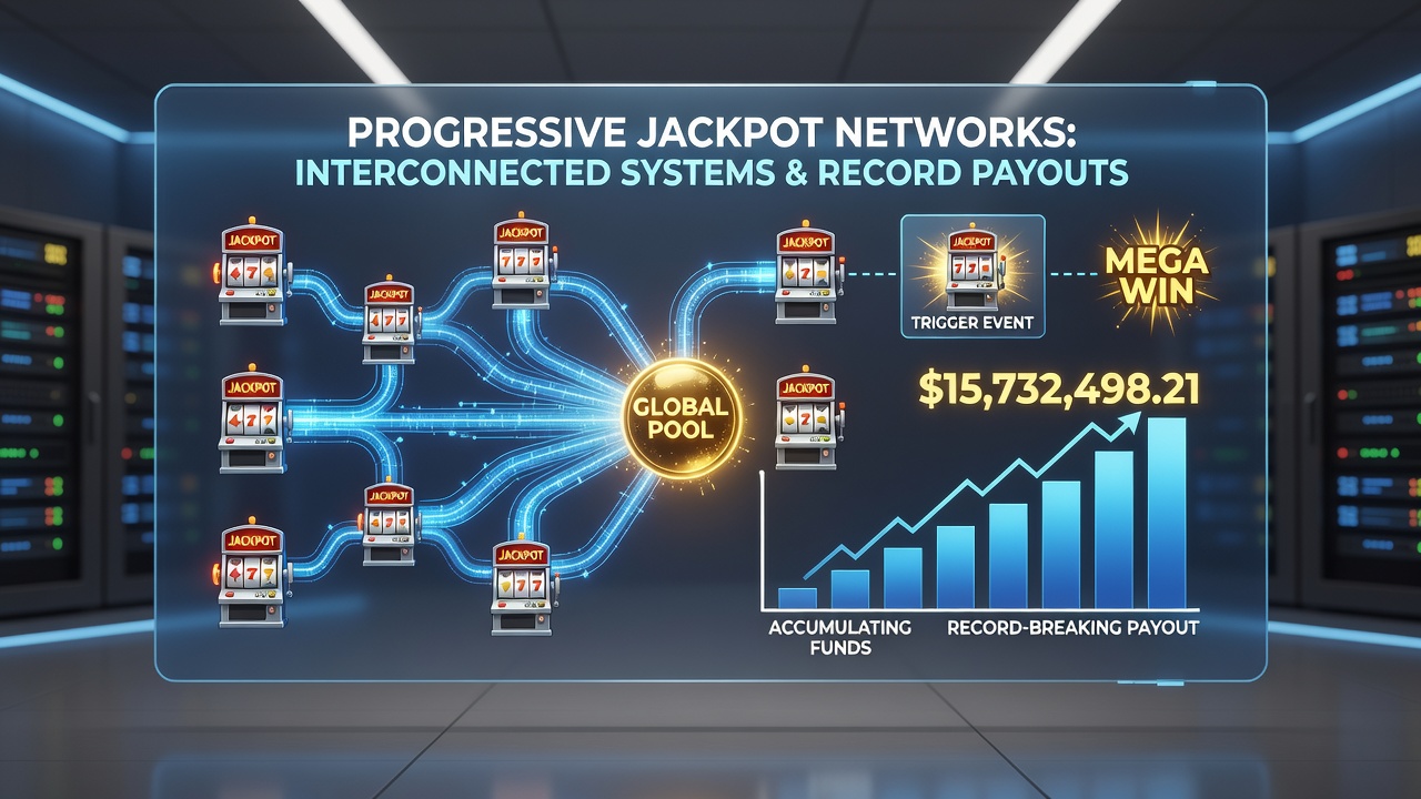 Digital dashboard showing real-time progressive jackpot growth across worldwide casino networks