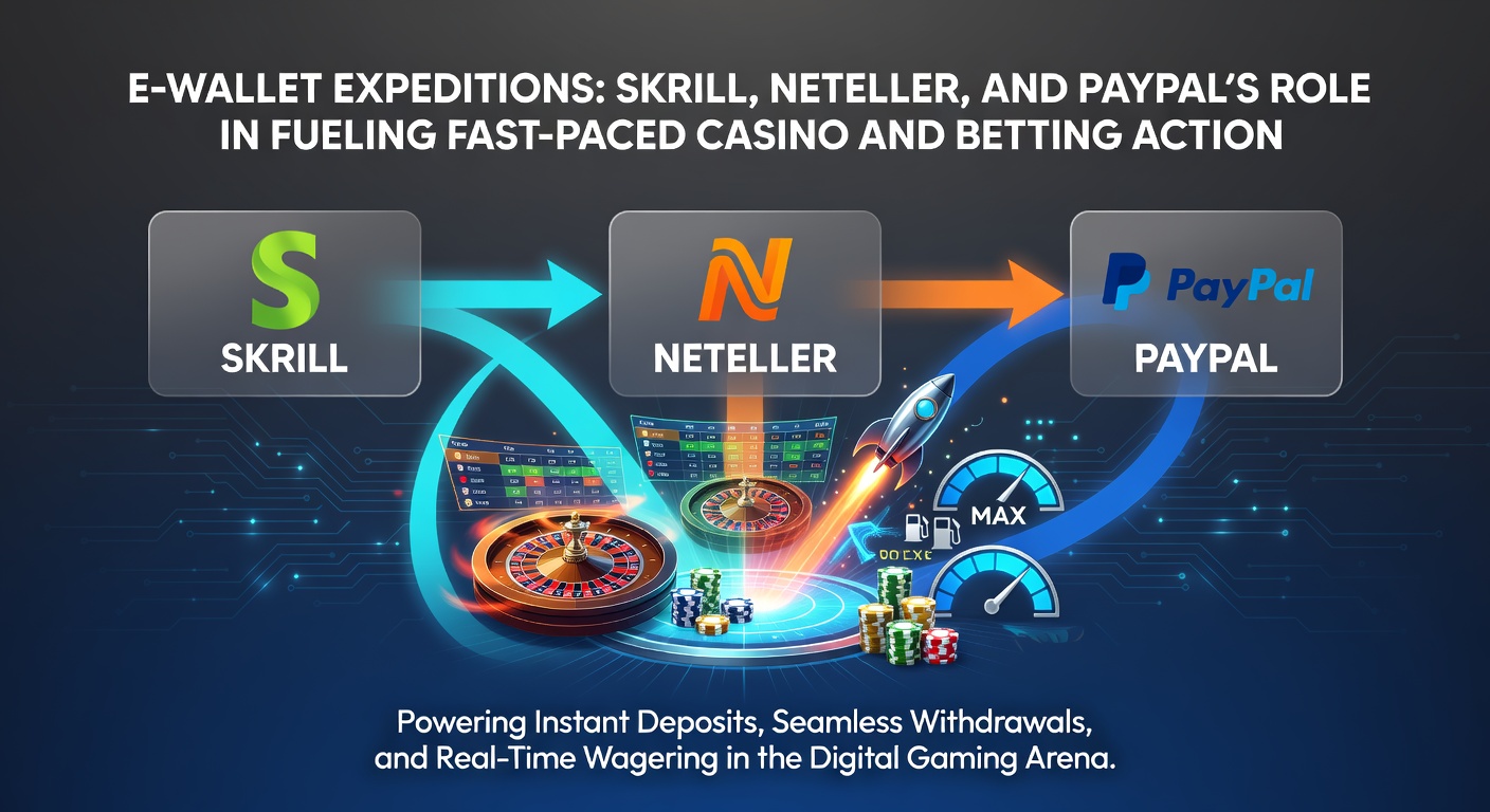 Digital e-wallets like Skrill, Neteller, and PayPal displayed on a vibrant online casino interface, highlighting speedy transaction icons