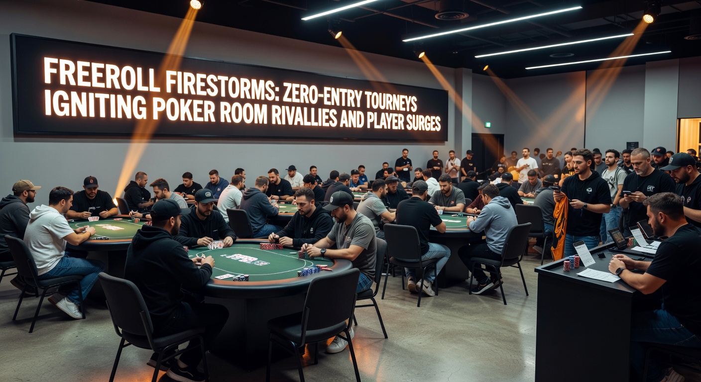 Vibrant poker table scene with players competing in a heated freeroll tournament, chips flying and screens glowing with entry leaderboards