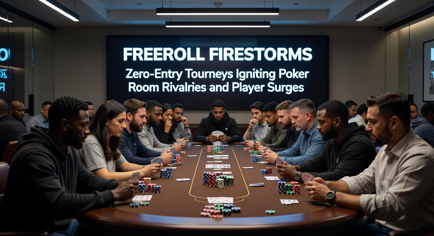 Split-screen graphic showing competing poker platforms' freeroll leaderboards, with surging player graphs and rivalry logos clashing