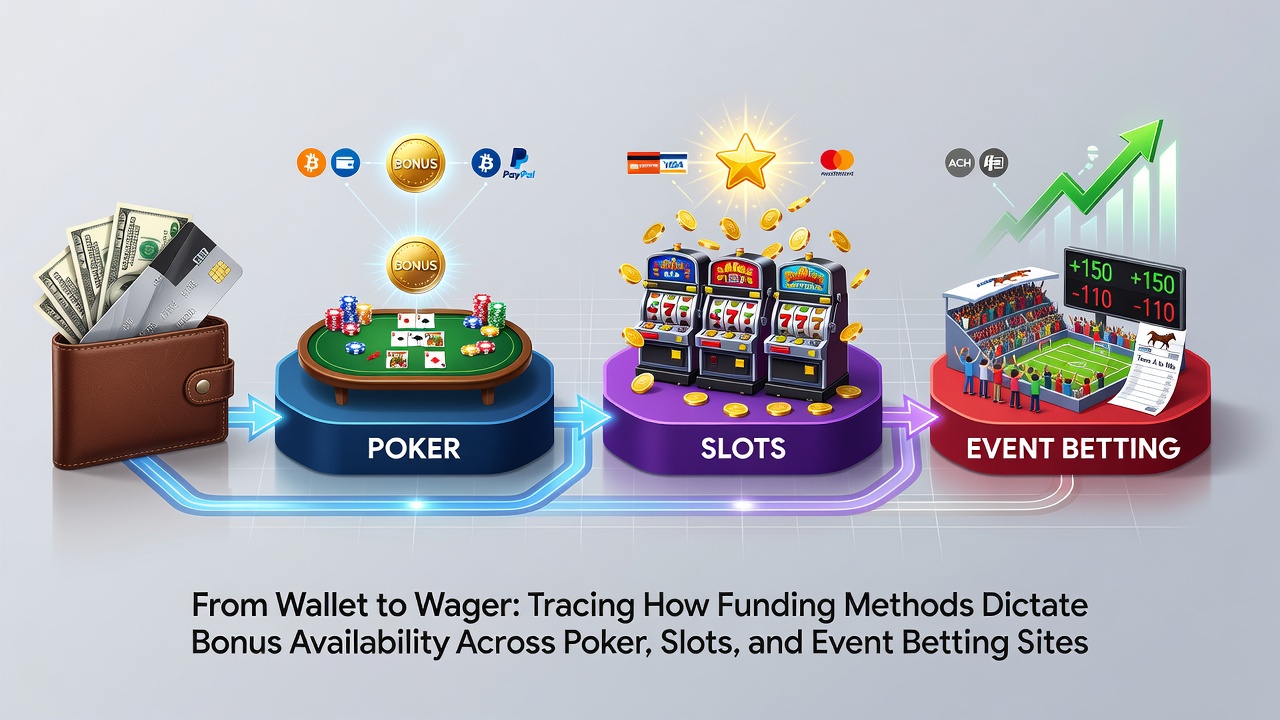 Illustration showing various payment methods connecting to online poker tables, slot machines, and sports betting interfaces with bonus icons