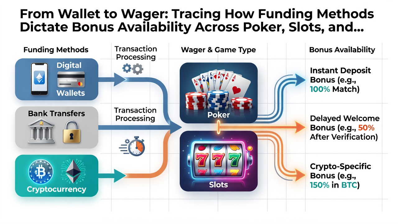 Diagram comparing bonus eligibility across poker, slots, and sports betting with payment method icons and eligibility checkmarks