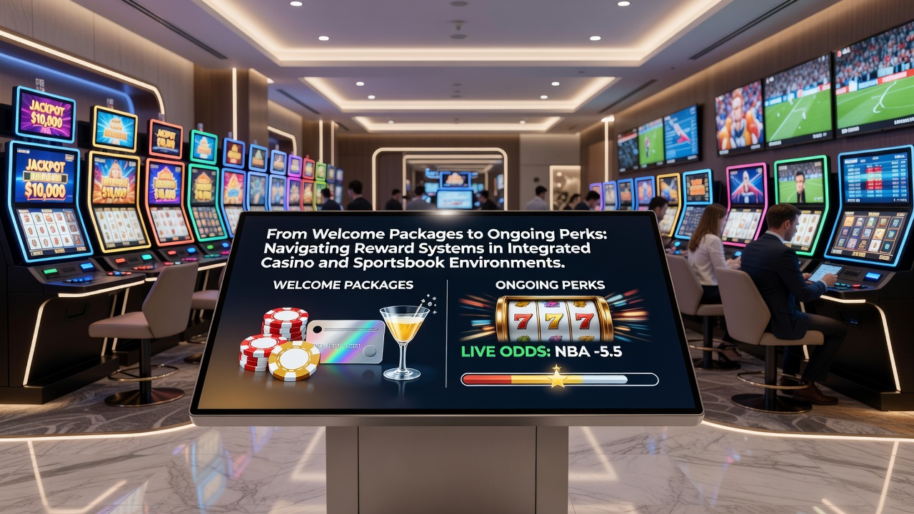 Integrated casino and sportsbook platform interface showing welcome bonus offers and loyalty tiers