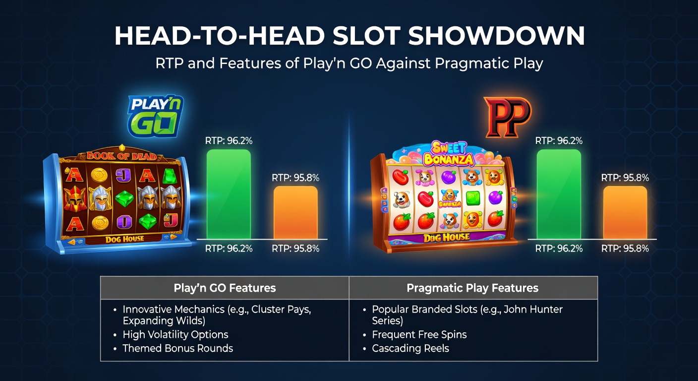 Comparison chart showing RTP bars for top Play'n GO and Pragmatic Play slots, with feature icons like multipliers adn free spins highlighted