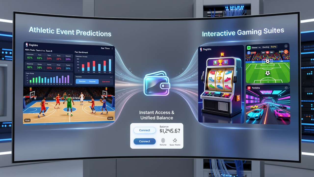 Digital wallet interface showing sports predictions and gaming suite integration