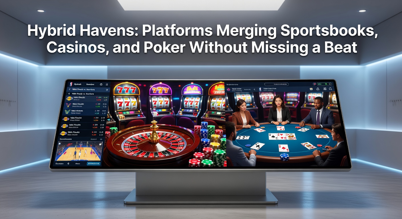 Dynamic interface of a hybrid gambling platform displaying seamless navigation between sportsbook odds, casino slots, and poker tables
