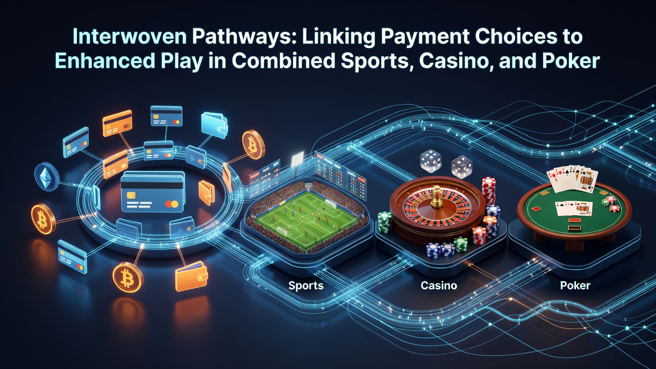 User navigating between sports odds, slot games, and poker tables with unified wallet balance displayed