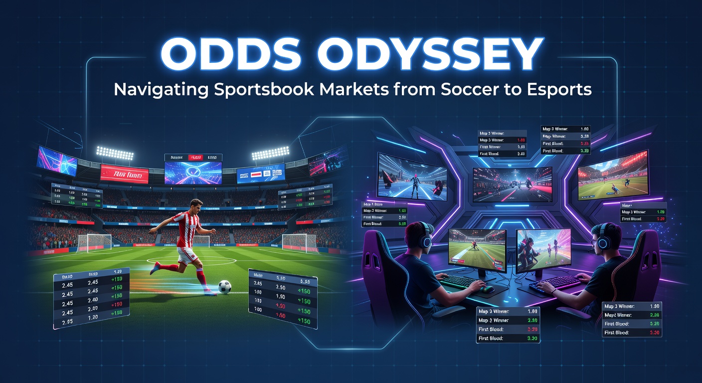 Dynamic display of sportsbook odds across soccer pitches, basketball courts, and esports arenas, highlighting market variety