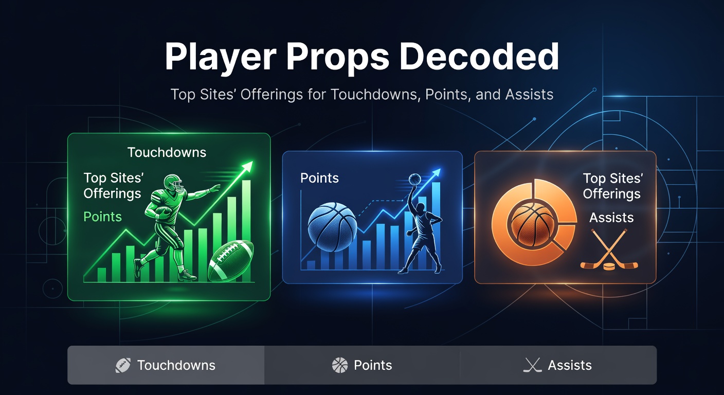 Dynamic graphic illustrating player prop bets for touchdowns, points scored, and assists in major sports leagues