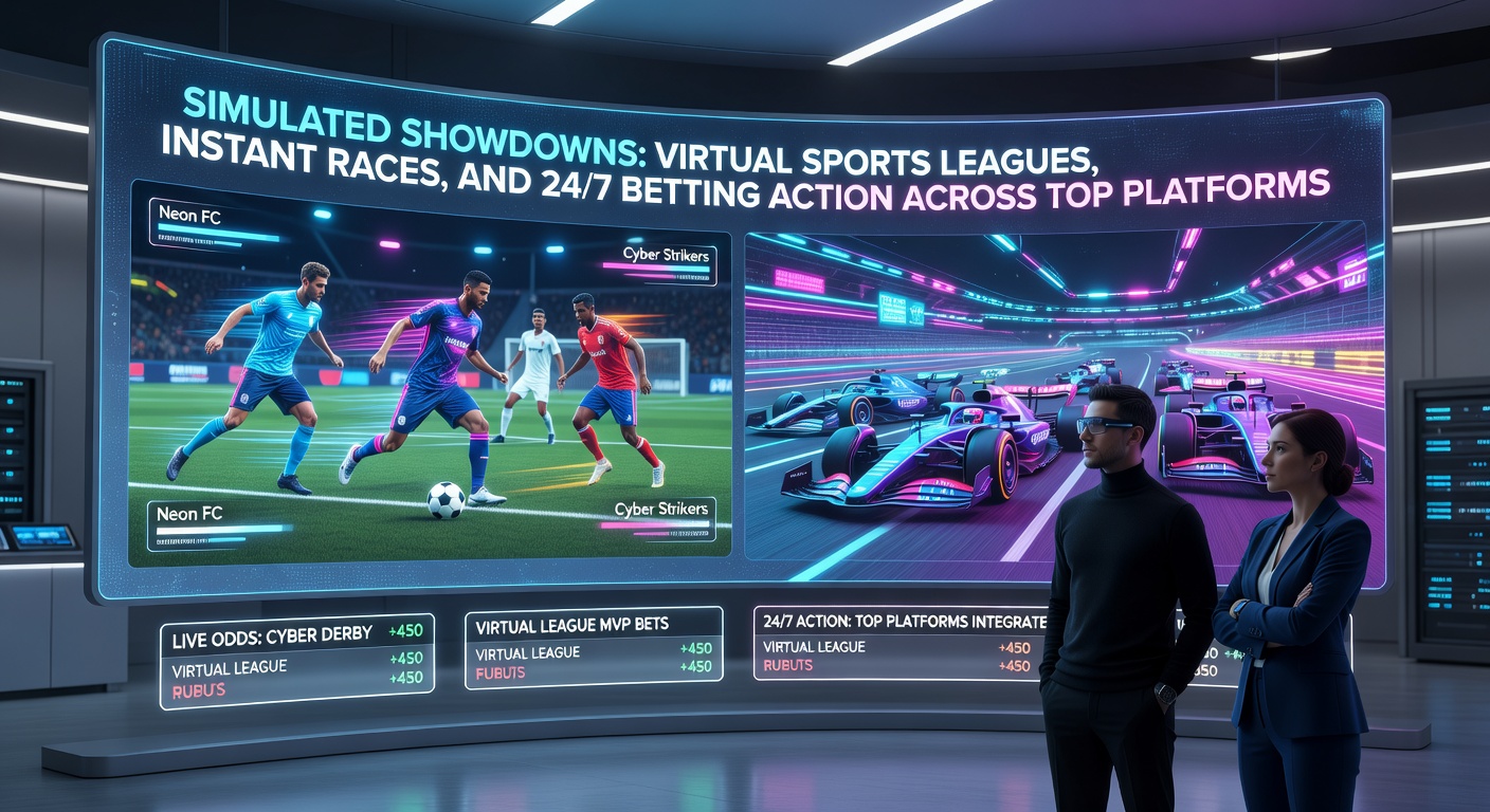 Dynamic virtual sports simulation showing animated football players in action on a digital field, with betting odds overlayed