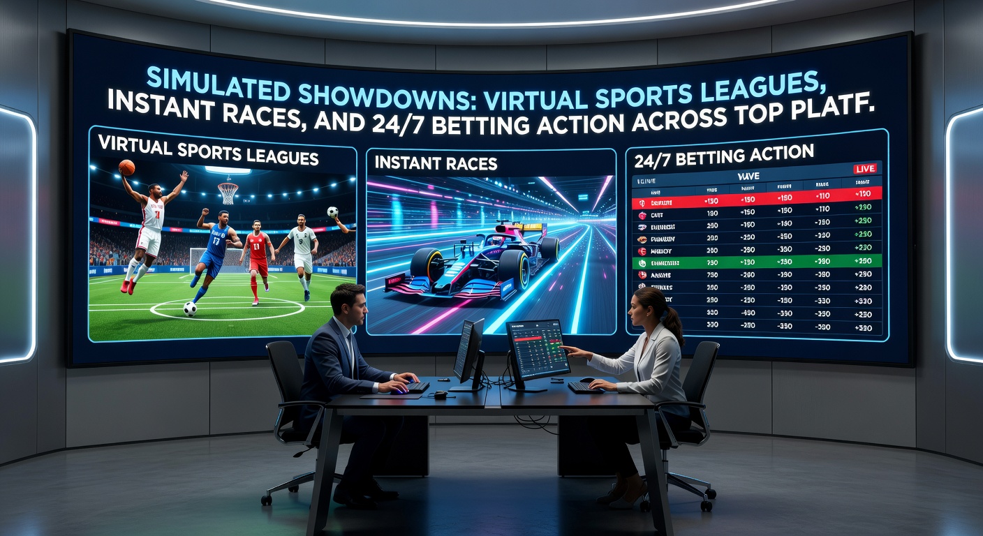 Close-up of a virtual horse race in progress, with thundering hooves, cheering crowds in the stands, and live odds updating on screen