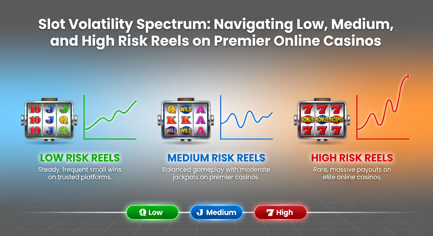 Colorful spectrum graphic illustrating slot volatility levels from steady low-risk wins to explosive high-risk jackpots on casino reels