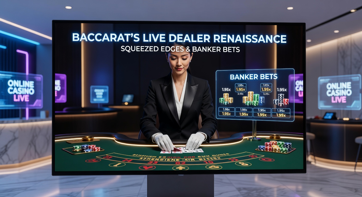 Close-up of a banker bet winning on a live baccarat stream, with chips stacking up and scoreboards updating in real-time