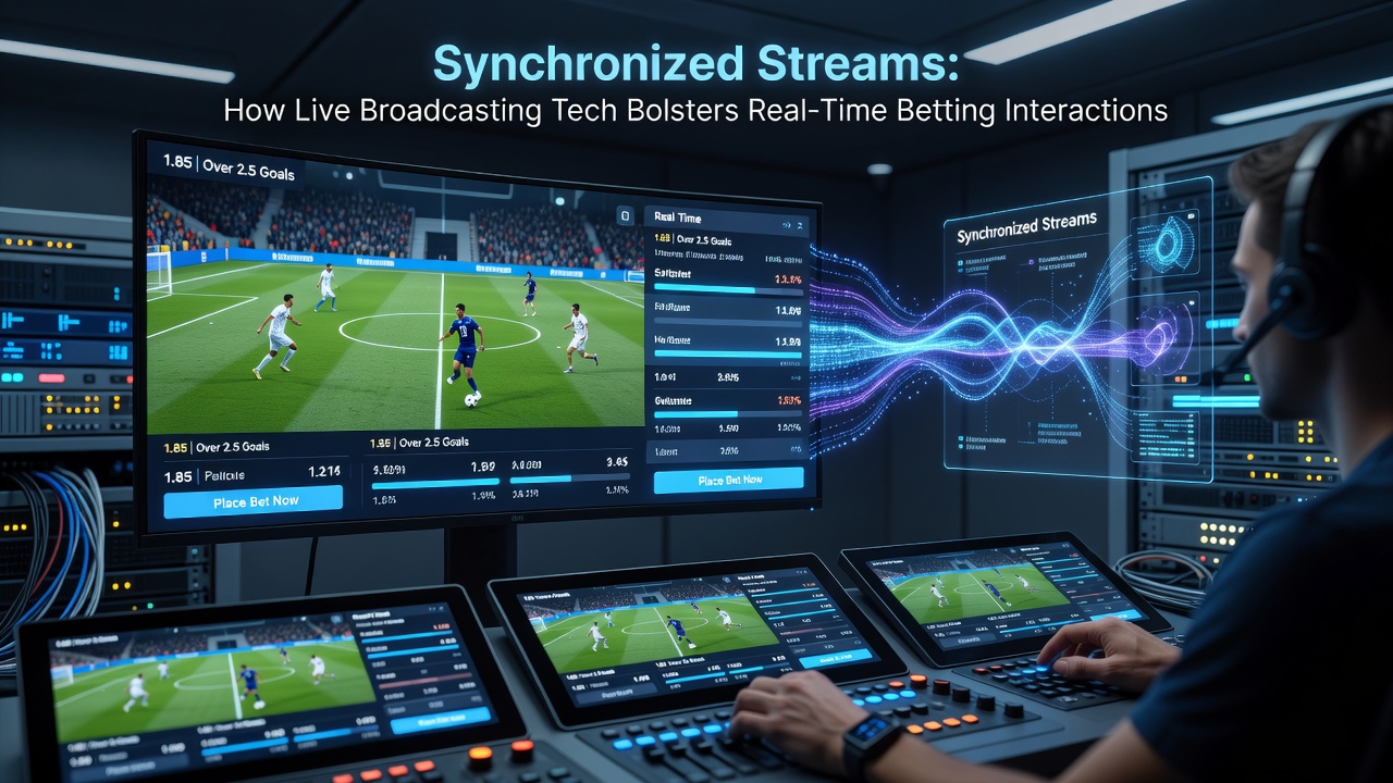 Live broadcasting setup integrated with betting platforms showing synchronized data feeds