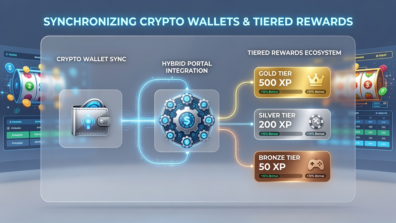 Tiered rewards dashboard showing crypto wallet balances and loyalty levels