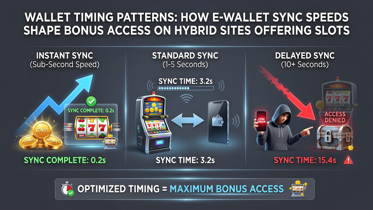 Timeline graphic illustrating e-wallet sync delays affecting bonus activation across casino and sports sections