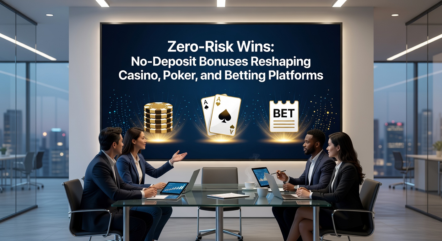 Poker table graphic with no-deposit tournament entries and free chips stacked, illustrating freeroll opportunities